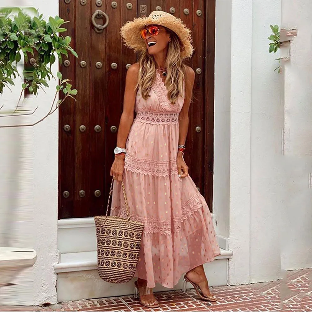 

Woman Summer Lace Patchwork White Chiffon Maxi Dress New Arrival 2021 Casual V-neck Sleeveless Holiday Long Dresses For Women