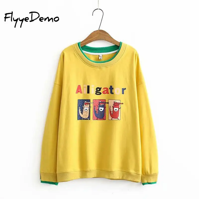 

4 Colors Spring Long Sleeve Sweatshirt Chic Fashion Alligator Cartoon Print Unisex Women Hoodie Long Sleeve Tops Plus Size 4XL