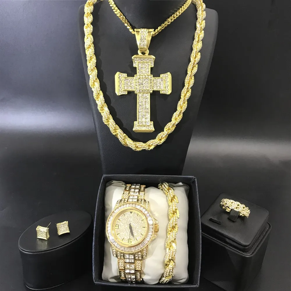 

Luxury Men Gold Color Watch & Necklace & Braclete & Ring &Earrings Combo Set Ice Out Cuban Crystal Miami Hip Hop Jewerly For Men