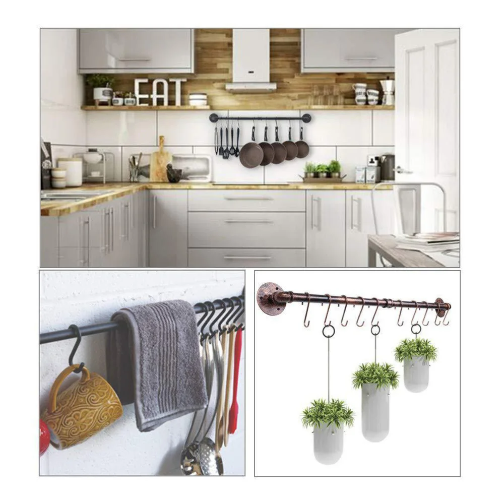 

1Pc Iron Wall-mounted Storage Rack Kitchen Tools Rack with Hooks (Black)