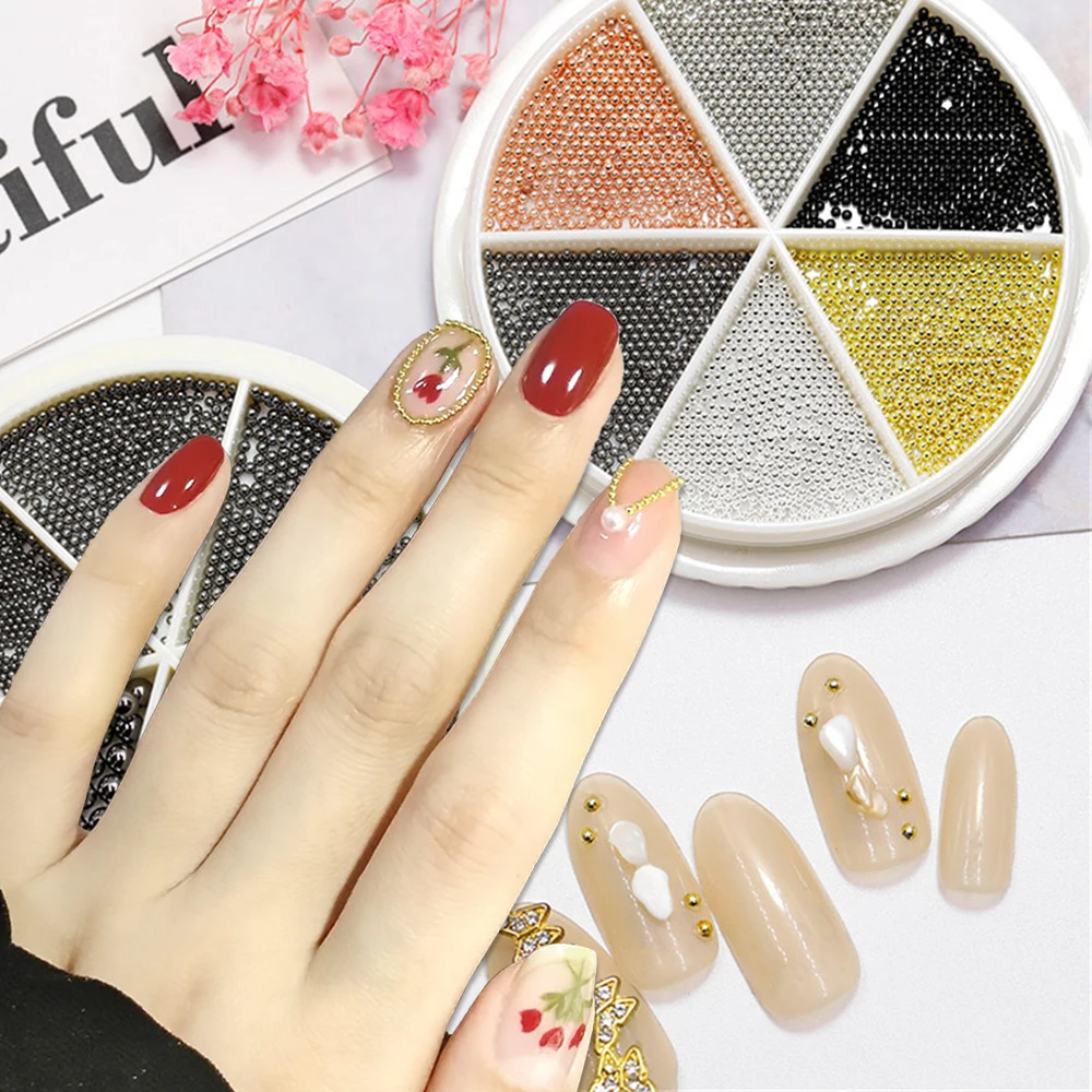 

0.8-3.0mm 1 Box Stainless Steel Nail Art Caviar Decoration Mini Metal Mixed Size Small Steel Nails Decor 3D Beads Jewelry 6Grids