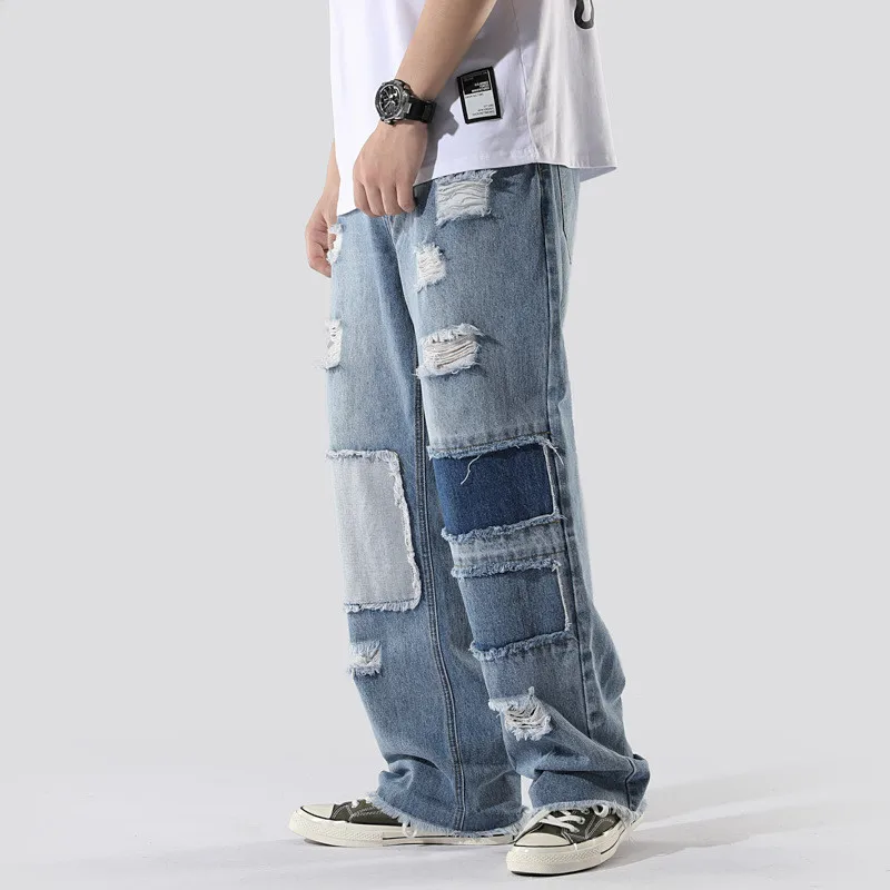 

Jeans Men 2020 Autumn New Men's jeans Japanese Fashion brand Hole Patch cloth washed Straight Wide leg pants Light blue jeans