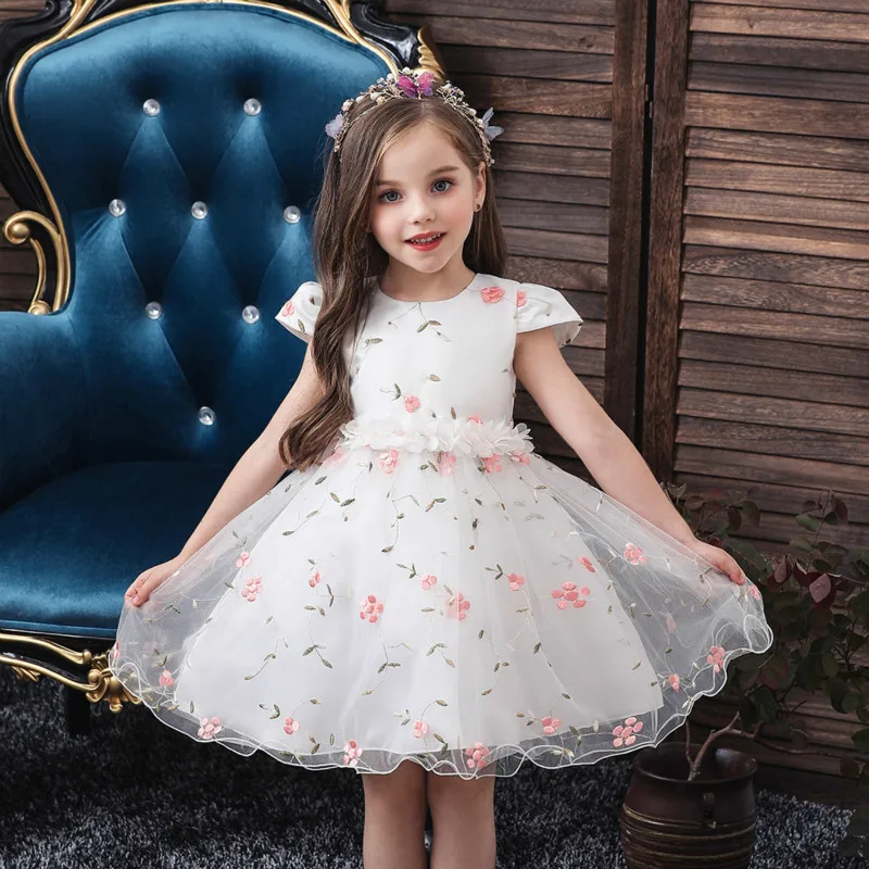 2019 Autumn New Baby Girl Dress Soild Embroidered Full Party Princess Screen Yarn Banquet Clothing 0-5 Year Wear | Детская одежда и