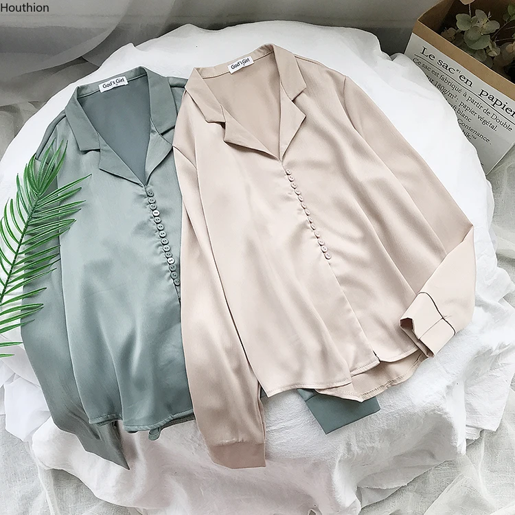 

Houthion Chiffon Slim Women's Blouses New Casual Blouse Fashion Long Sleeve Top Solid Color Buttons Pullover Shirt Spring/autumn