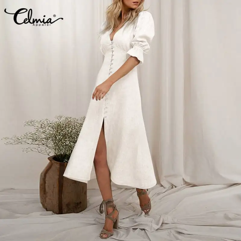 

Celmia Women Short Puff Sleeve Midi Dress 2021 Summer Thin Cotton Single Breasted Party Vestidos Sexy Deep V Neck Slim Long Robe