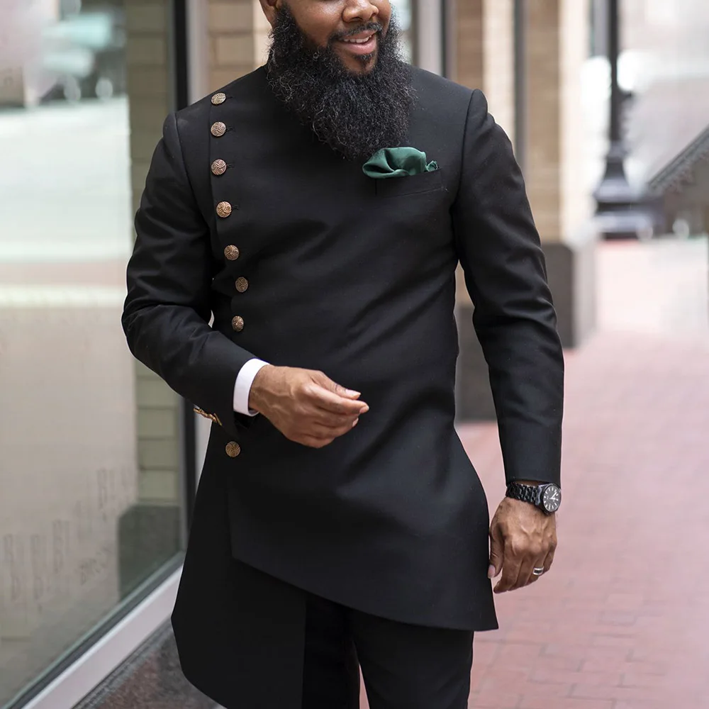 

Men's Black Long-sleeve Suits Tops Fashion African Business Clothing Diagonal Mid-length Slim-fitting Traditional Leisure Blazer
