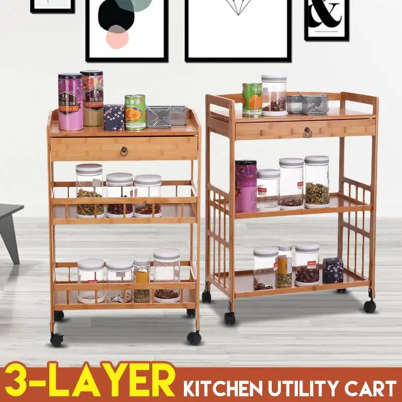 Bamboo Kitchen Trolley 3 Layers Bar Serving Cart Rolling Wheels Dining Room Cart Removable Storage Rack Organizer Floor Shelf