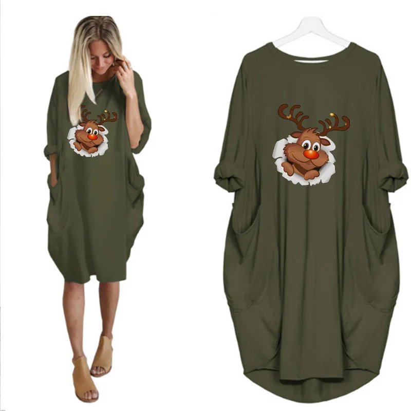 

Cute Deer Print Autumn Women Midi Dresses Long Sleeve Pocket Casual o Neck Party Beach Vintage Femme Tshirt Dress Vestidos