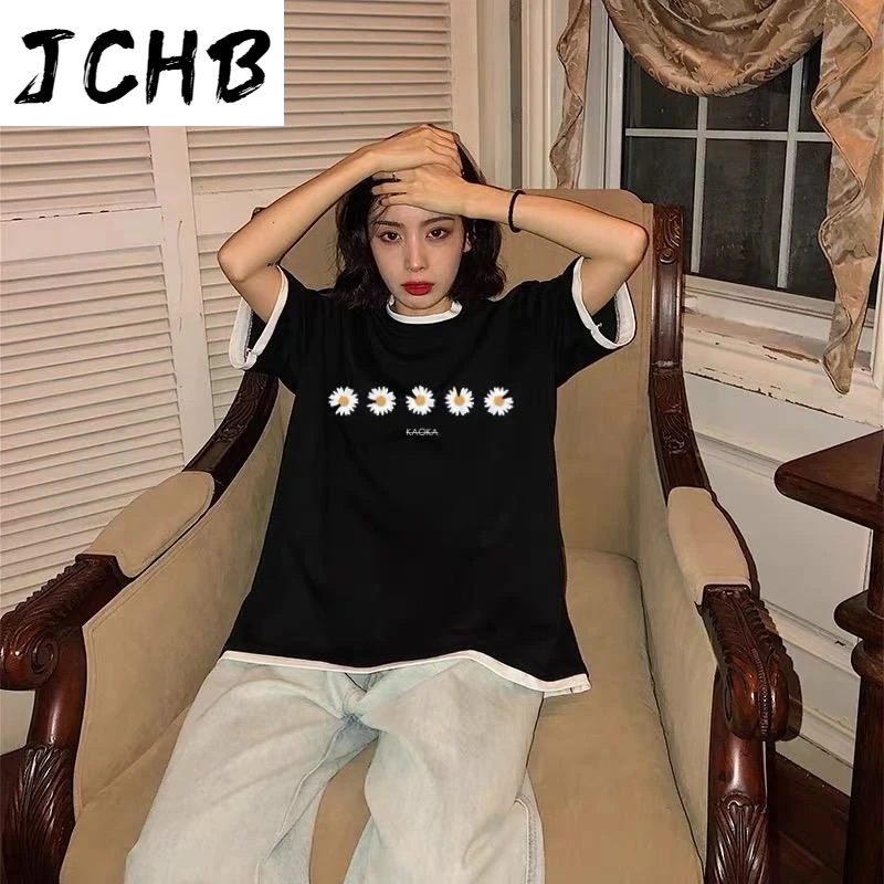 

2021 Floral Fake Two Piece t Shirt Clothes Short Sleeve Streetwear Women Clothing Tops Korean Summer New Couple Tshirt
