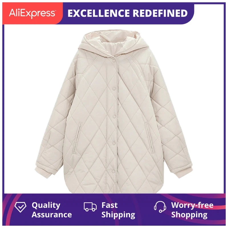 

Женская свободная парка Za, хлопковое пальто с капюшоном, однотонная верхняя одежда, винтажная клетчатая верхняя одежда