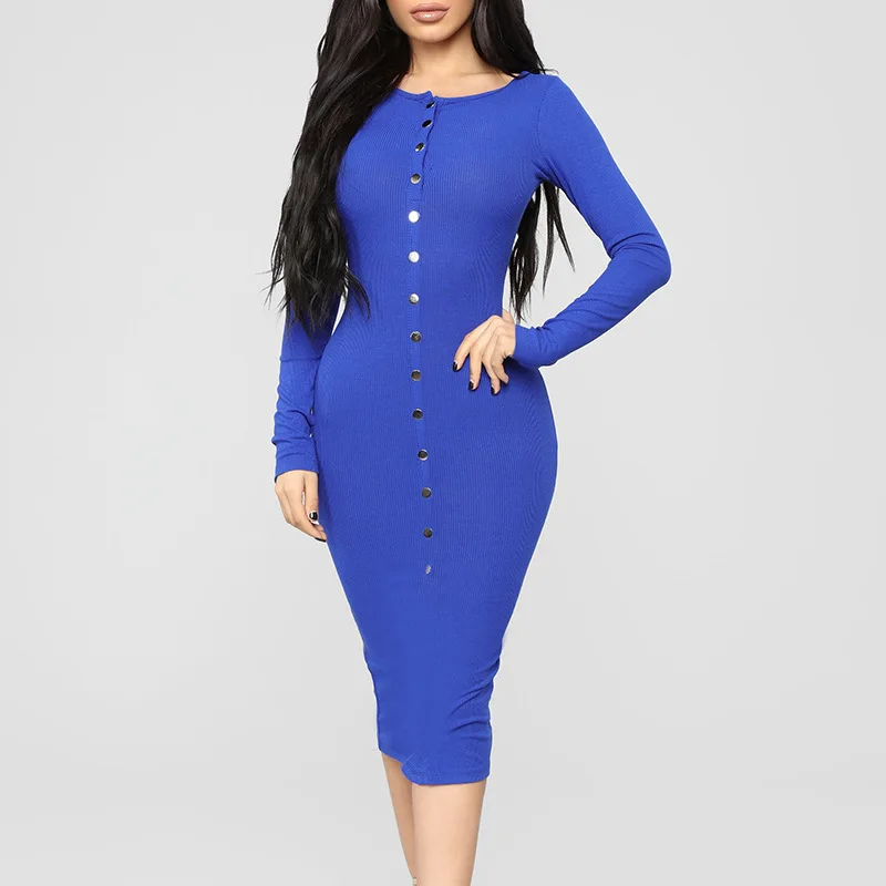 

4 Colors Womens Cotton Dress Vestido Summer Long Sleeve Slim Bodycon Dress Tunic Round Neck Casual Plus Size Pencil Dress 2020