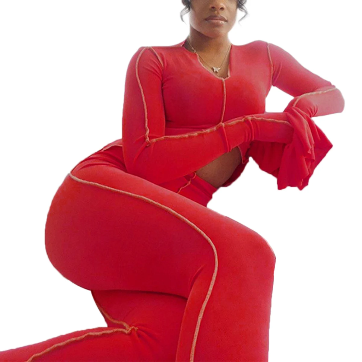 

Women Flared Long Sleeve Crop Tops Bodycon Trousers Two Pieces Casual Set Ladies Pullover Solid Color Outfits Conjunto Femenino