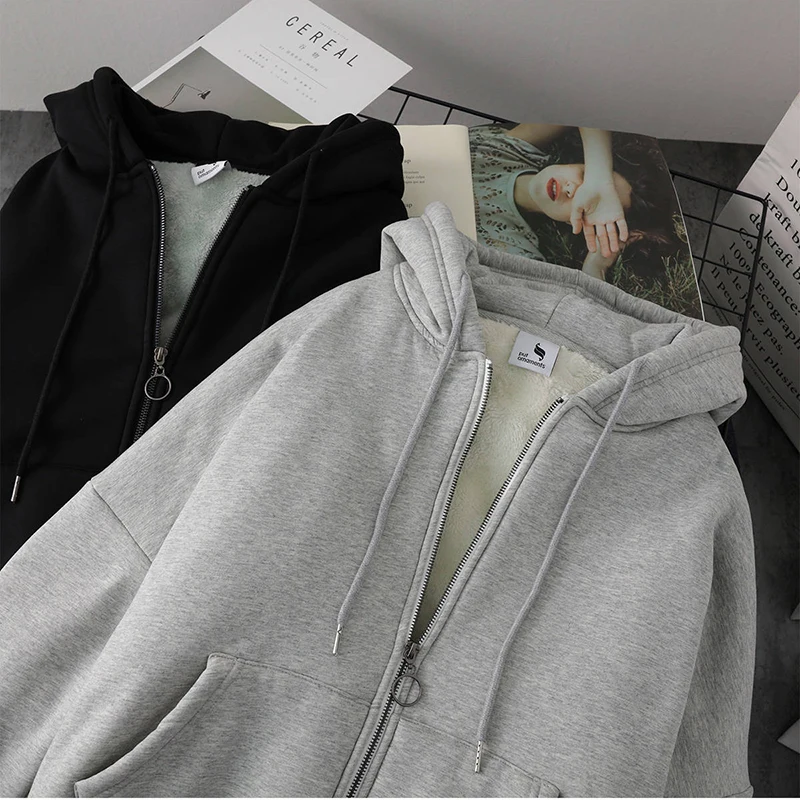 Winter Casual Street Loose Oversized hoodie Solid Harajuku Imitation lambswool Soft Warm Zipper Y2K Women sweetshirts grunge Top