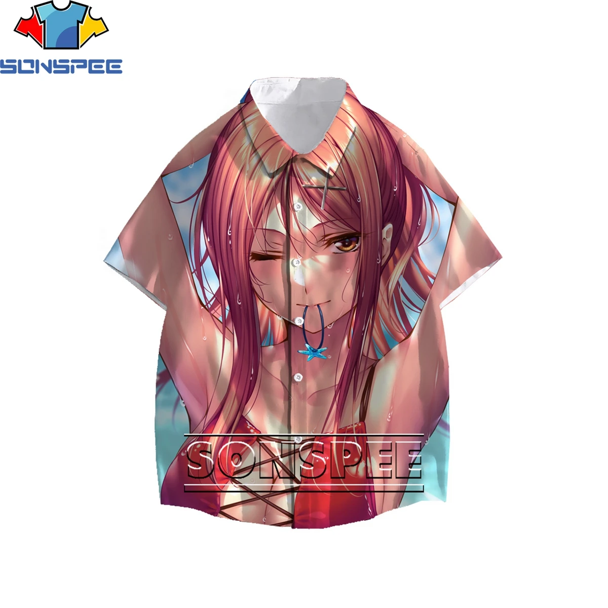 

SONSPEE Cartoon Anime Cute Sexy Beach Wet Body Girl Loli 3D Print Men's Shirt Summer Original Otaku Hawaiian Beach Oversize Top