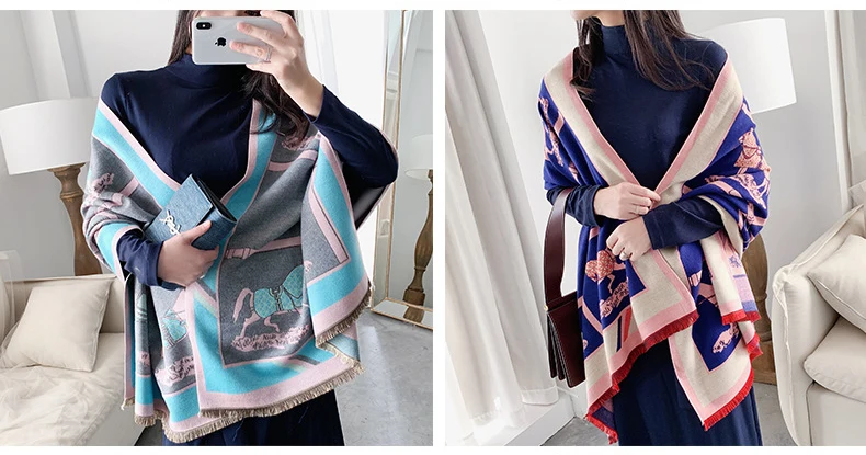 Luxury Winter Cashmere Scarf For Women Warm Pashmina Shawls and Wraps Fashion Chain Animal Print Kerchief Scarves For Lady
