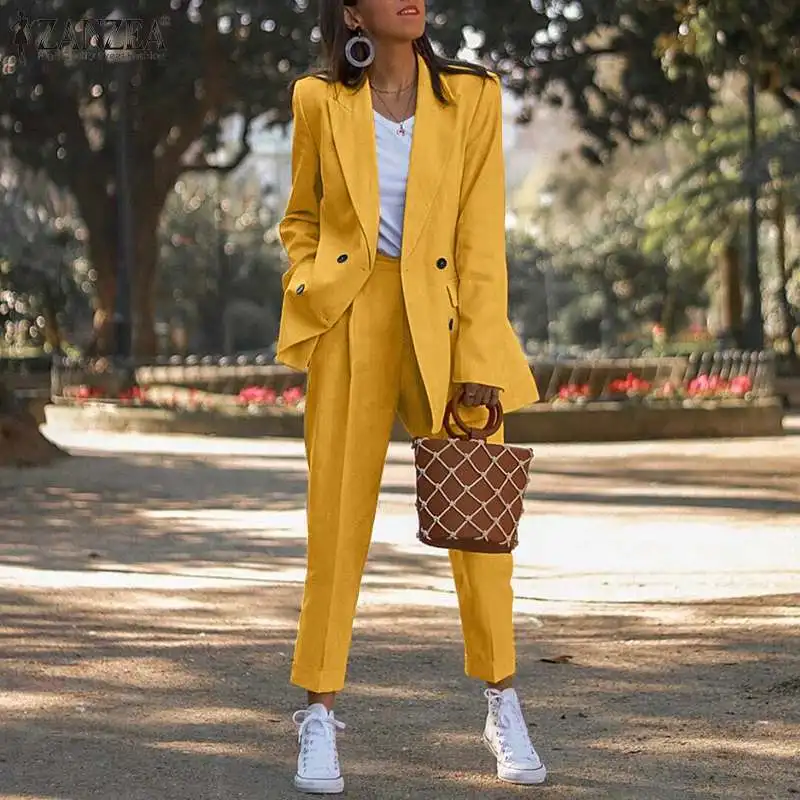 

ZANZEA Fashion Blazer Suits Women's Solid OL Coat And Long Pants 2021 Autumn Double-Breasted Jackets Sets Casual 2 Pieces Cloth