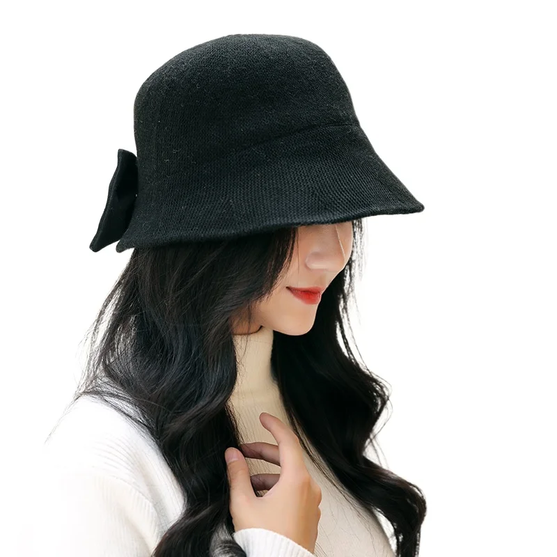 

New fisherman hat women autumn and winter fashion basin hat woolen knitted woolen hat bow hat