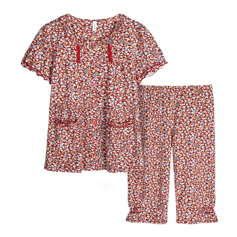 

Summer Small Flower Print Pajamas Set Women Cotton Spandex Pajamas Short Sleeve Cardigan Tops With Calf Pants Ladies Pj Set