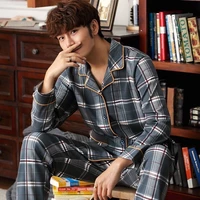 mens pajamas set large size plaid male pjs sleepwear long sleeves loose home clothes for man soft cotton sleep lounge wear suit