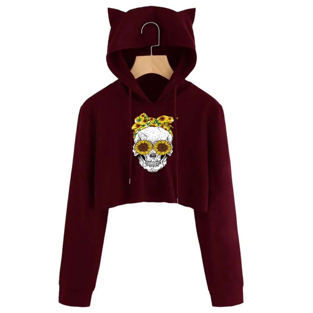 2020 Модные женские короткие толстовки с длинным рукавом и принтом черепа Пуловеры