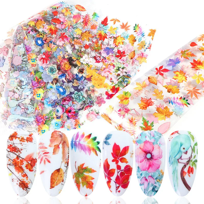 

Autumn Maple Leaves Nail Tranfer Stickers Set Blooming Colorful Flowers Lavender Nail Sliders Butterfly Manicures Decoration