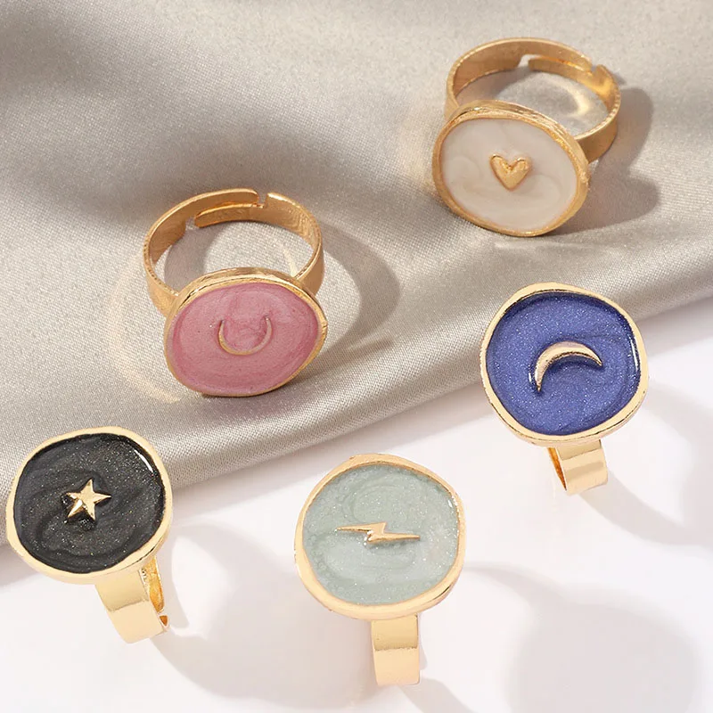 

Korean Alloy Cute Drop Oil Love Moon Star Lightning For Women Round Enamel Fine Jewelry Rings