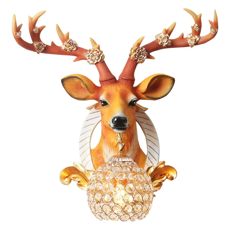 

Nordic Resin Wall Lamp American Antlers Decor Wall Lights for Home Bedroom Crystal Lampshade Simple Indoor Lighting Sconce Lamp