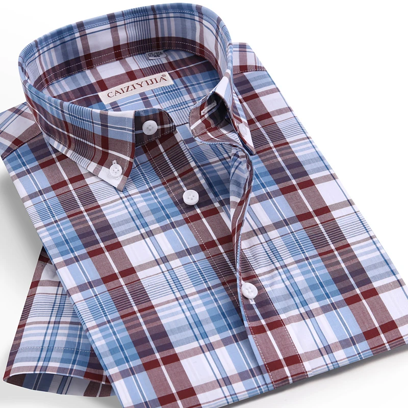 Summer Holiday Short Sleeve Plaid Checkered Cotton Shirt Pocket-less Design Standard-fit Button-down Men's Casual Gingham Shirts