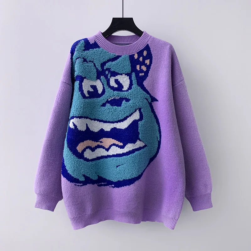

2021 Female Cartoon Monster Embroidery Sweater Loose Korean Fashion Pullover Ladies Sweater Unique Letters Print Pullovers