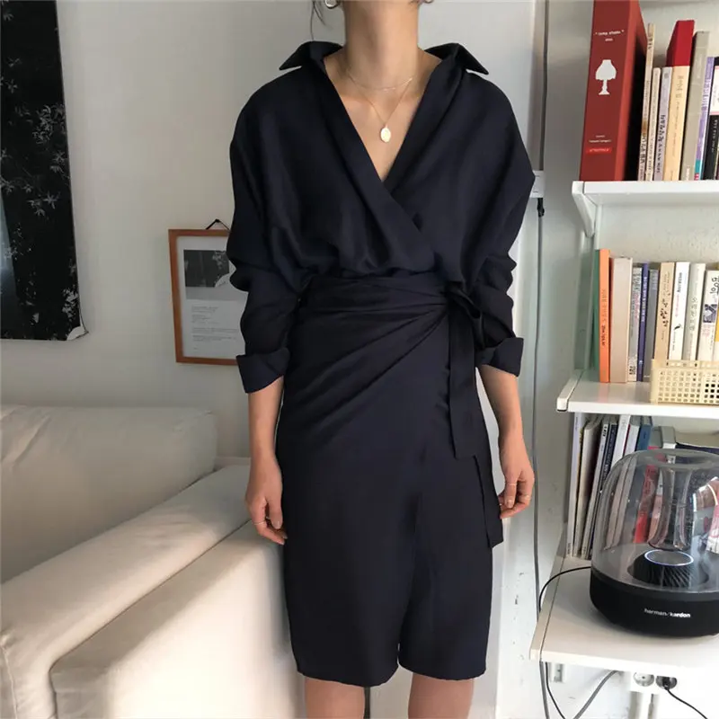 

HziriP Elegant High Street Deep V-Neck Office Ladies Autumn Waist-Controlled Gentle Lace Up Vintage Sexy All Match Retro Dresses