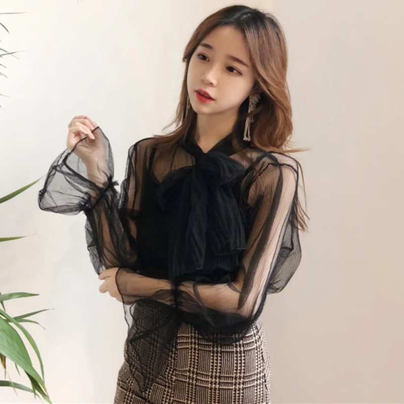 Женская блузка с длинным Расклешенным рукавом и бантом сетчатые блузки весна