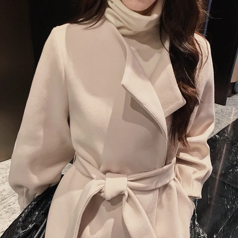 

Jacket Female Long Wool Coat 2019 Korean New Belt Slim Women Blend Wool Overcoat Autumn Winter Plus Size Elegant Cardigan 1481