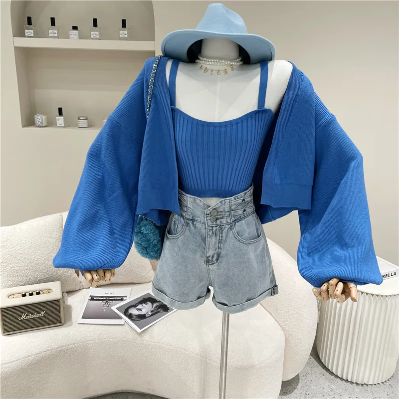 

Women's Spring 2021 Fashion Short top small sling waistcoat Knitted sweater cardigan coat Two piece set