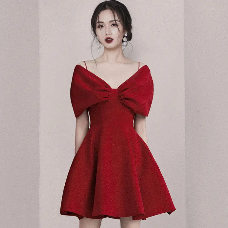 

Red Bow Dress 2021 New Suspender Skirt Banquet High-end Skirt Short Dress Vestido Midi Elegante Vintage Dress Party Dress