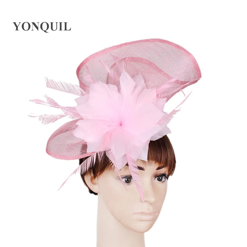 

Sinamay Wedding Pink Hair Fascinator Hat Headband Formal Fedora Hat Feanther Flower Hair Accessories Headband Show Race Headwear