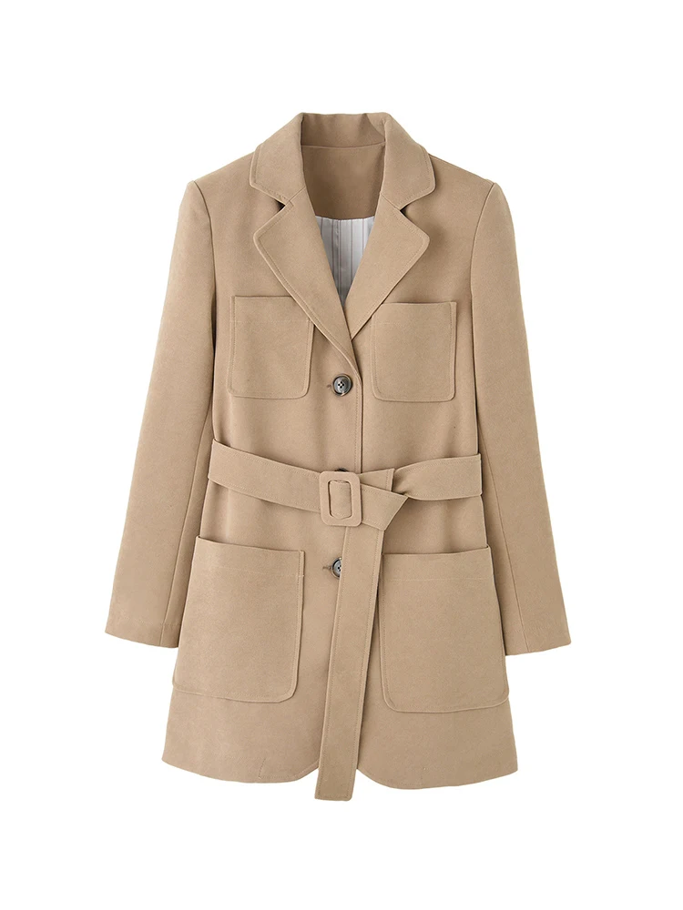 Женский шерстяной пиджак Модный повседневный утепленный цвета хаки с поясом в