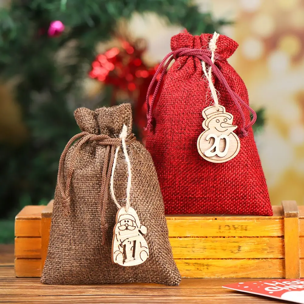 

24PCS/SET Christmas Advent Calendar DIY Numbers Bag Gift Bag Countdown Wooden Hanging Tags Number Label Candy Biscuit Storage