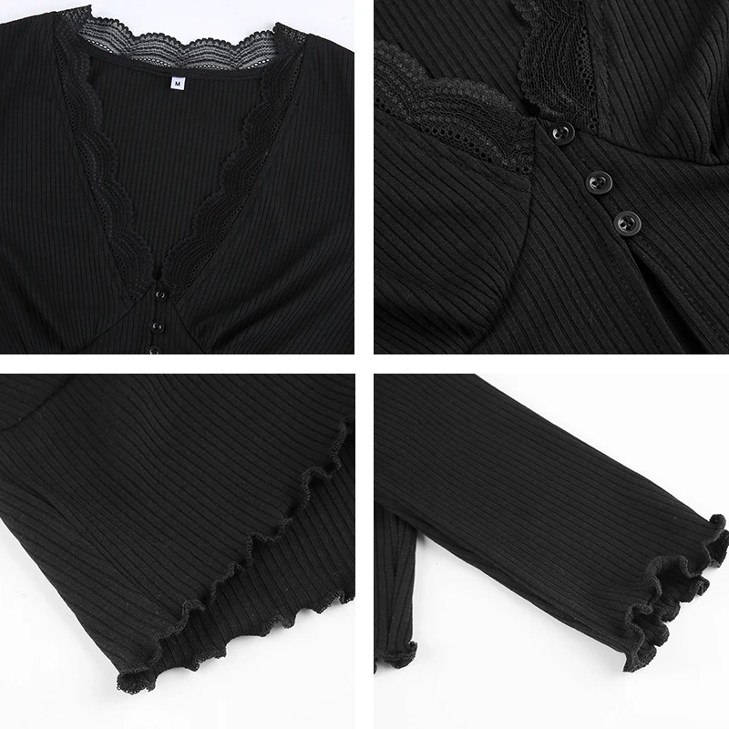 

Knitted Ribbed Y2K Crop Top Lace Patched Women's Shirt 2020 Long Sleeve Knitwear Button Up Sexy Deep V-Neck Party E Girl Tee