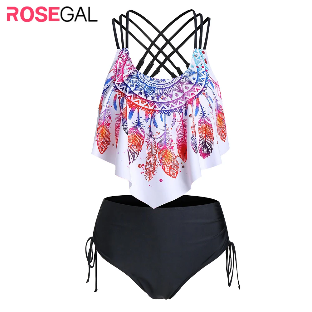 Женский купальник-танкини ROSEGAL с принтом в виде перьев и заостренным подолом