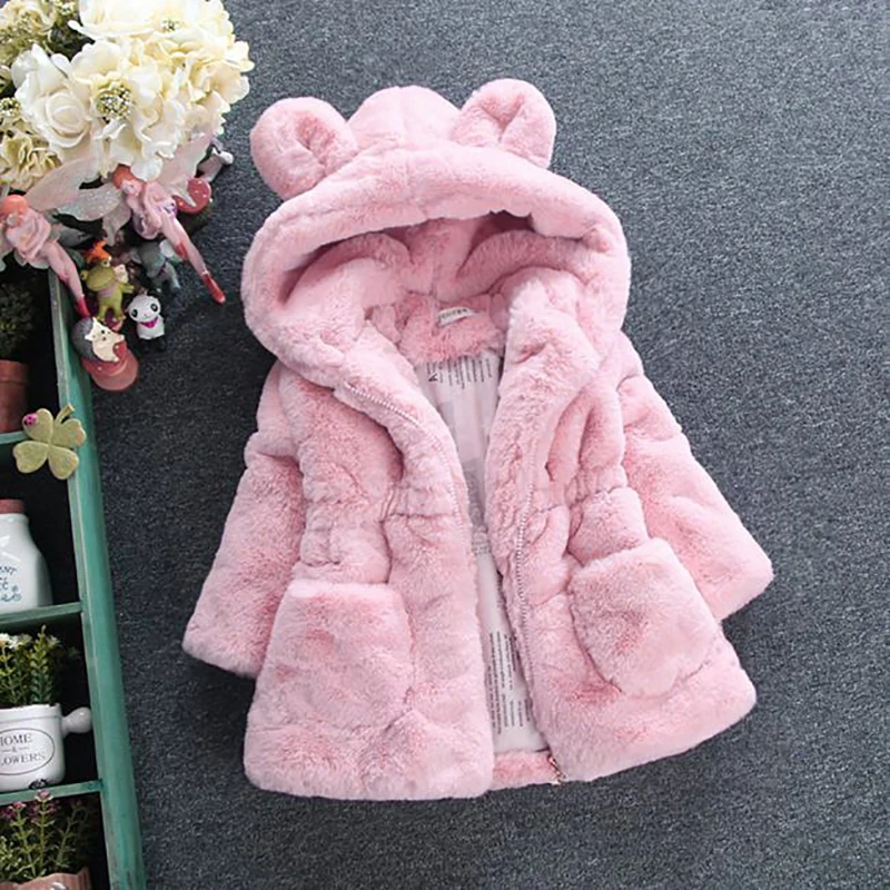 2-7Years Baby Girl Clothes For Kids Faux Fur Jacket Hooded Cute Thicker Warm Soft Toddler Coat Children's Winter Clothing BC1861