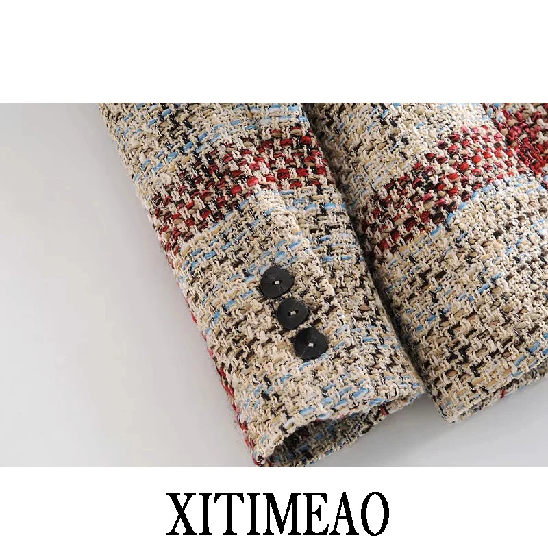 Пиджак Xitimeao ZA женский двубортный Модный из твида в клетку винтажная верхняя