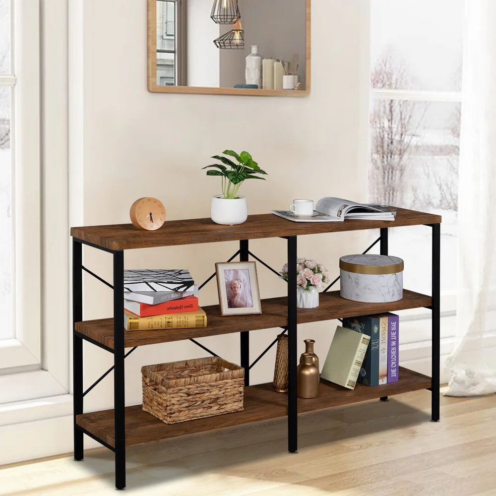 

140x34x76CM 3-Tier Console Sofa Table Industrial Foyer Table for Living Room Entry Way Hallway Rustic Brown[US-Stock]