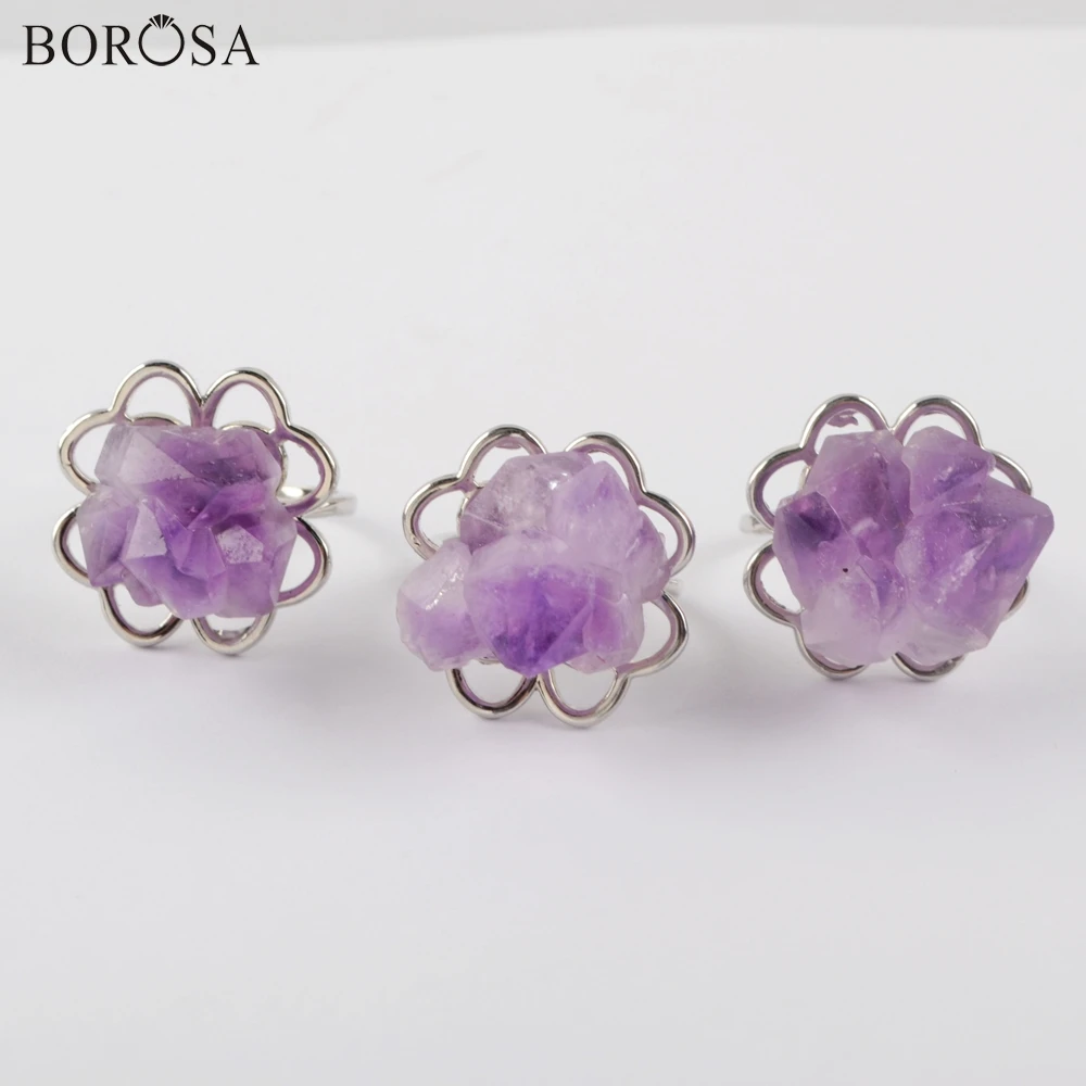 Посеребренные кольца BOROSA с натуральным аметистом Кристальные Кластерные