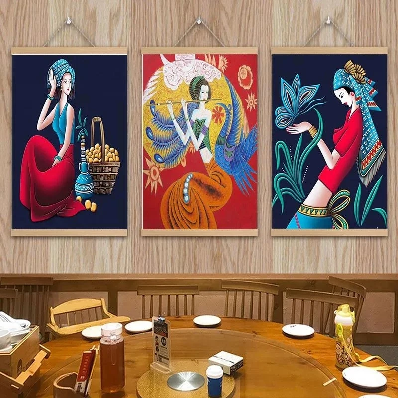 

Vintage National Ethnic Girls Canvas Painting room Decor Wall Paintings Print Art Poster Room Wood Scroll Hanging wall Tapestry