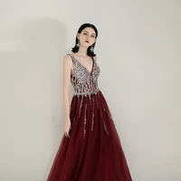 luxury burgundy evening dresses a line v neck shiny sequins beads sleeveless ceremony cocktail formal party guest prom gowns new