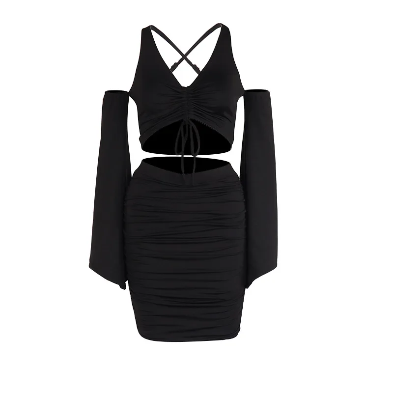 

European and American new women's sexy trumpet sleeve lace up V-neck open back top buttock skirt two piece suit for women