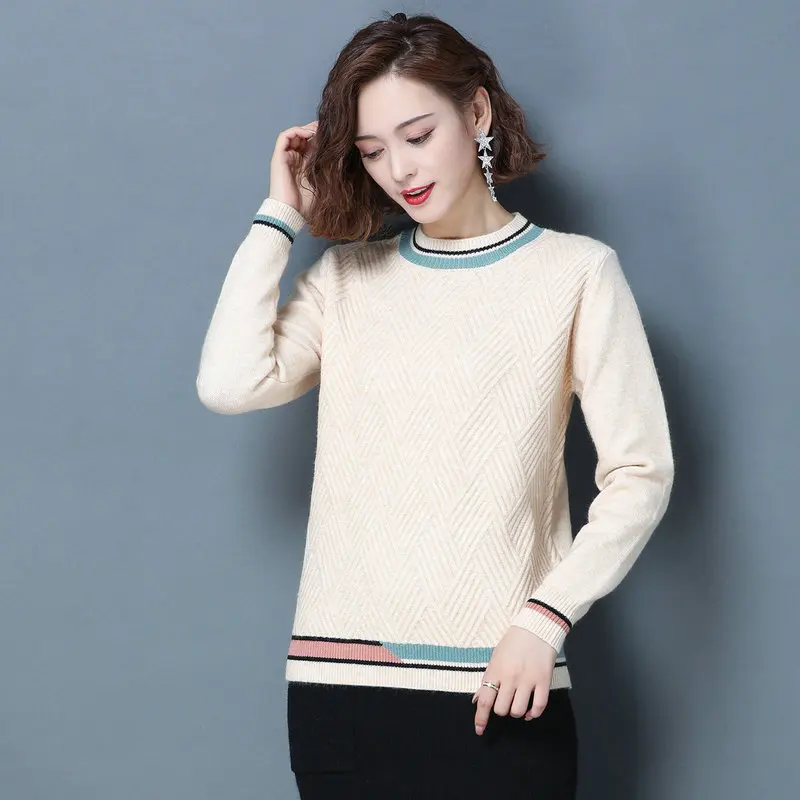 

Autumn Women Warm Soft Sweater Yellow Blue Green Camel White Round Neck Knitted Top Textured Cable Pullover Sculptured Knitwear