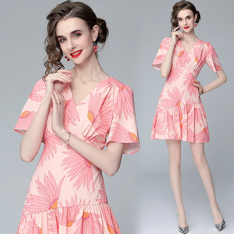 

Simgent Ruffle Dress Summer Fashion Women V-Neck Elegant Print Mini Dresses Vestidos Femme Robe 2021 New Arrival SG1473