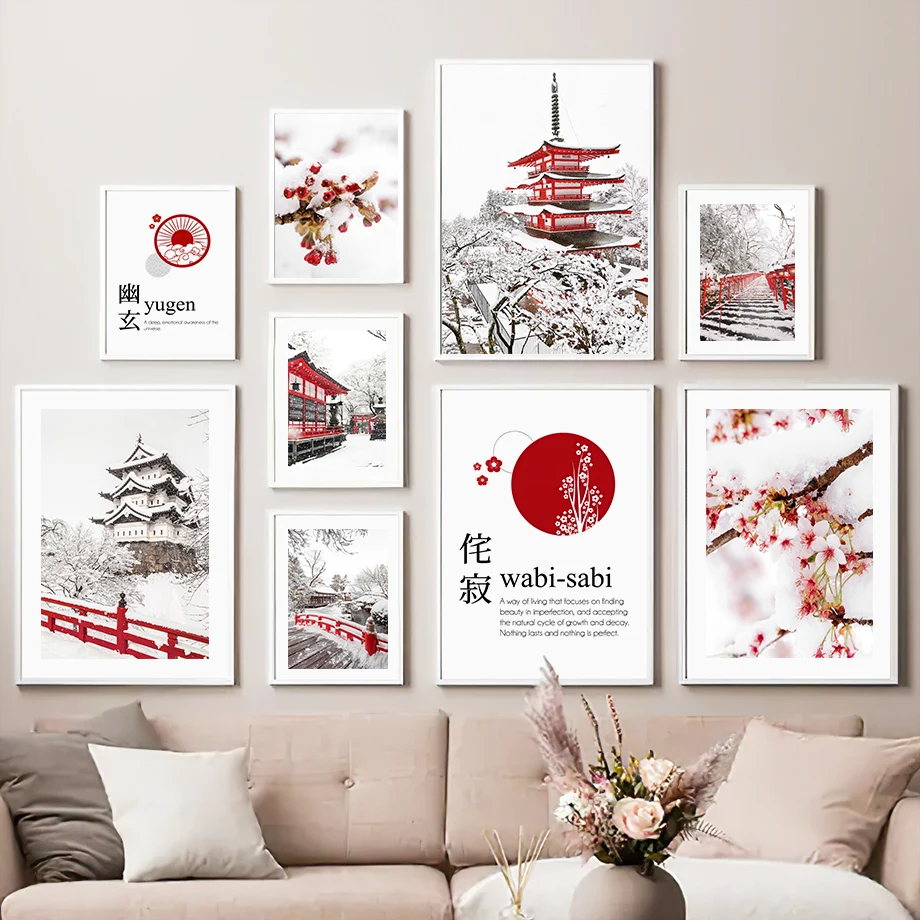 

Winter Tokyo Sakura Snow Houses Bridge Wall Art Canvas Nordic Posters Painting And Prints Wall Pictures For Living Room Decor