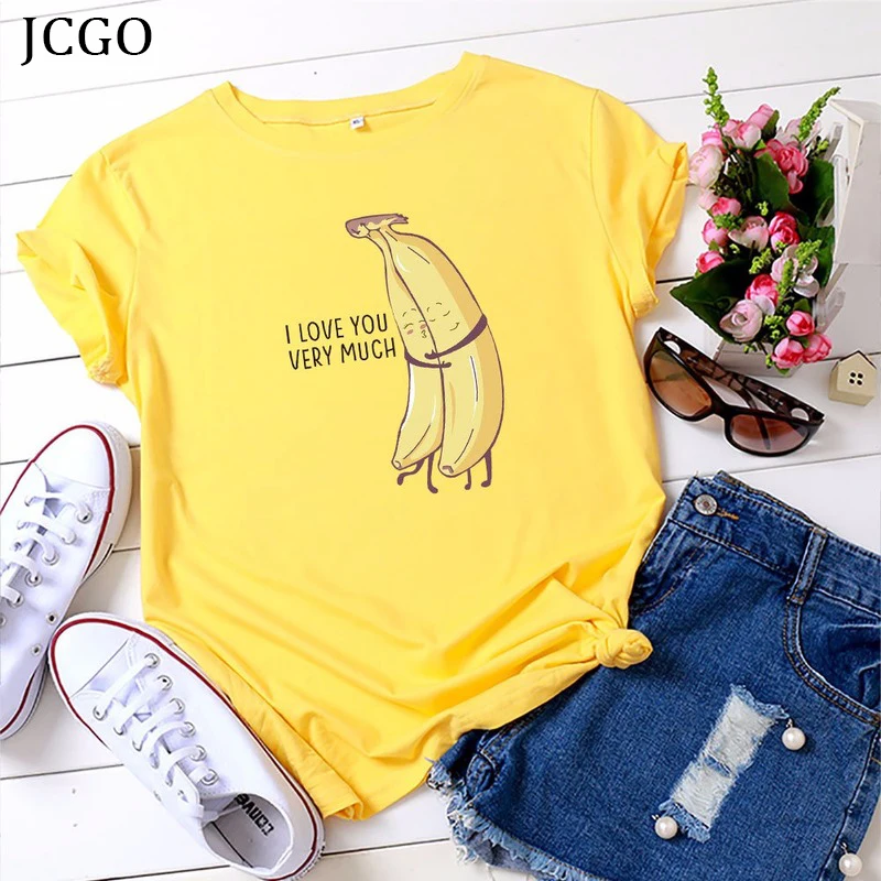 

JCGO Summer Cotton Women T Shirt S-5XL Versatile Short Sleeve Funny Banana Lover Print Tees Tops Casual O-Neck Female TShirt